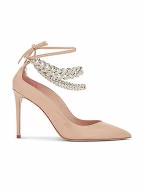 Gedebe Nude Pointed Toe Ankle Tie High Heel with Crystal Chain